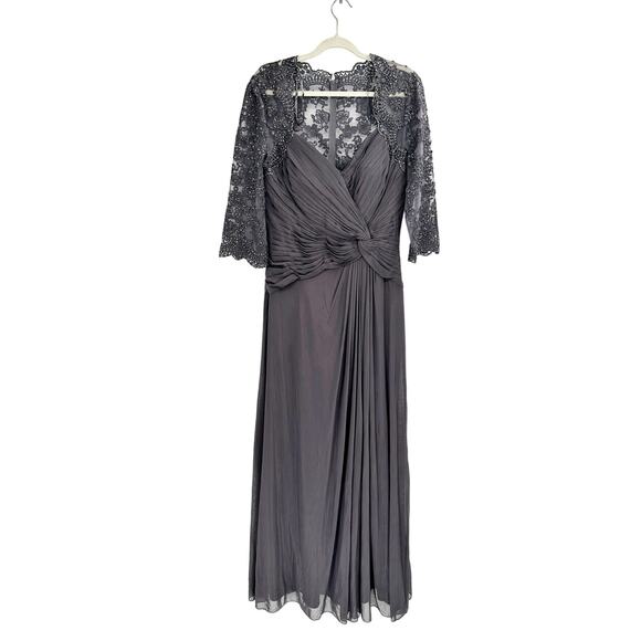 La Femme Ruched Twist Lace Sleeve Column Formal Gown in Gunmetal Gray Size 12 - Picture 2 of 6